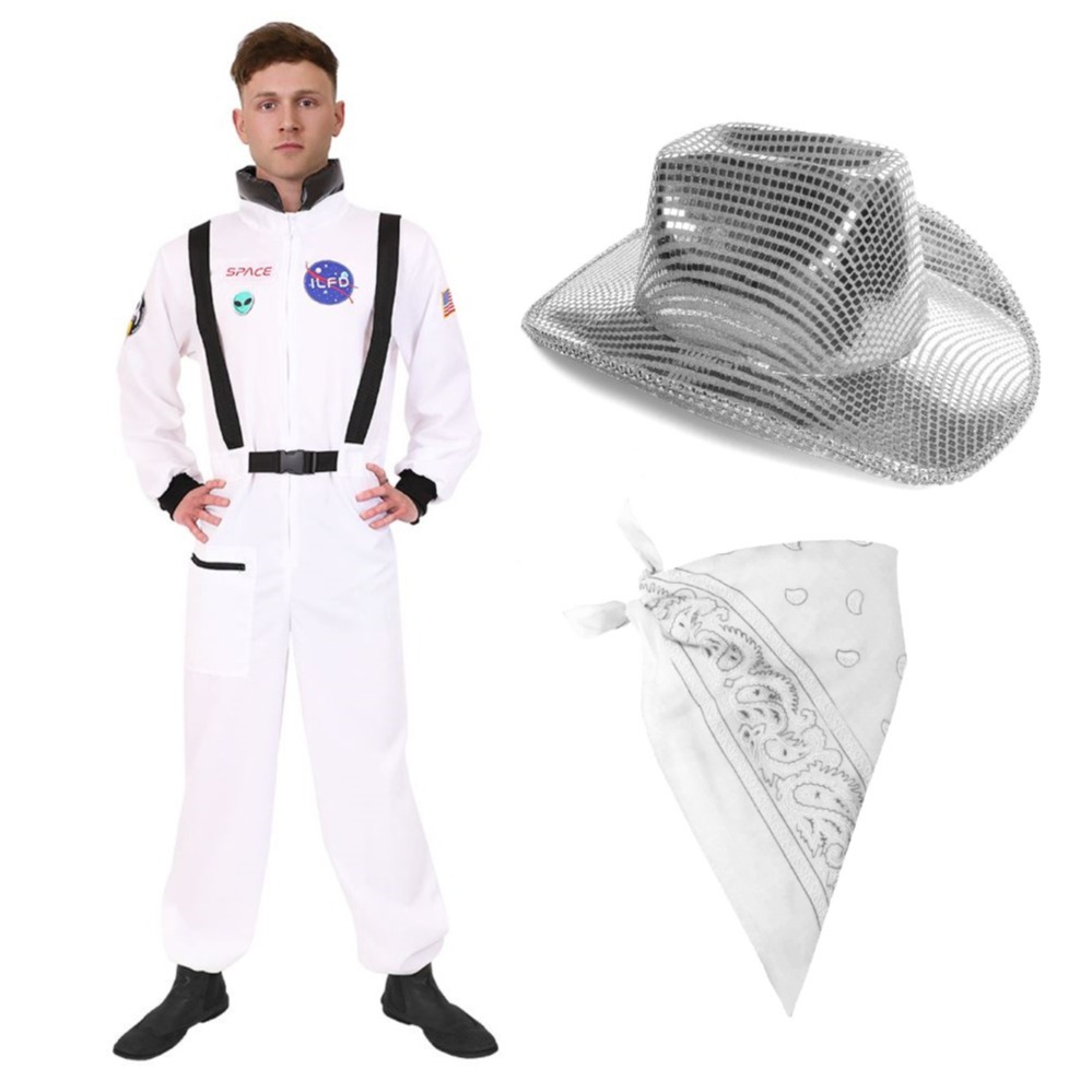 Click to view product details and reviews for Mens Space Cowboy Costume 3 Pcs Space Suit Mirrored Hat Red Bandana Large.
