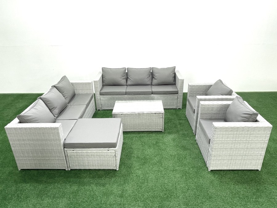 Click to view product details and reviews for Fimous Outdoor Rattan Sofa Garden Furniture Set With 2 Armchairs Oblong Coffee Table Big Footstool Light Grey Mixed. Click to view product details and reviews for Fimous Outdoor Rattan Sofa Garden Furniture Set With 2 Armchairs Oblong Coffee Table Big Footstool Light Grey Mixed.