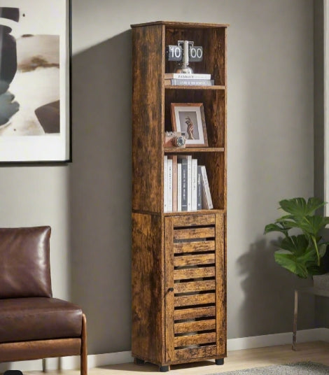 Click to view product details and reviews for Rustic Brown Floor Cabinet With Door Open Shelves Adjustable Storage 167cm Tall.