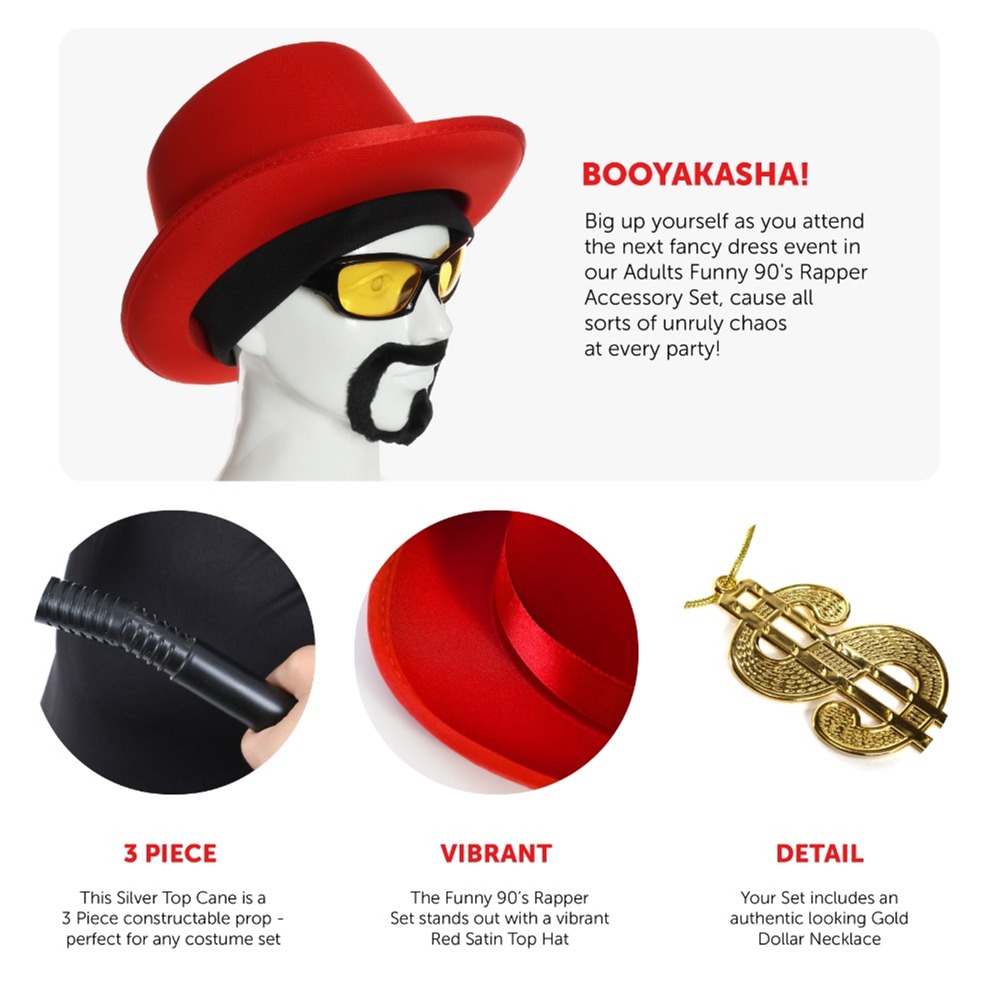 Adults Funny 90's Rapper Accessory Set - Top Hat, Beanie, Glasses, Goatee, Chain and Cane