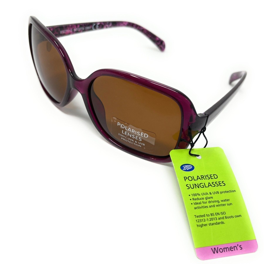 Boots Polarised Sunglasses Purple Frame Brown Lenses 089I