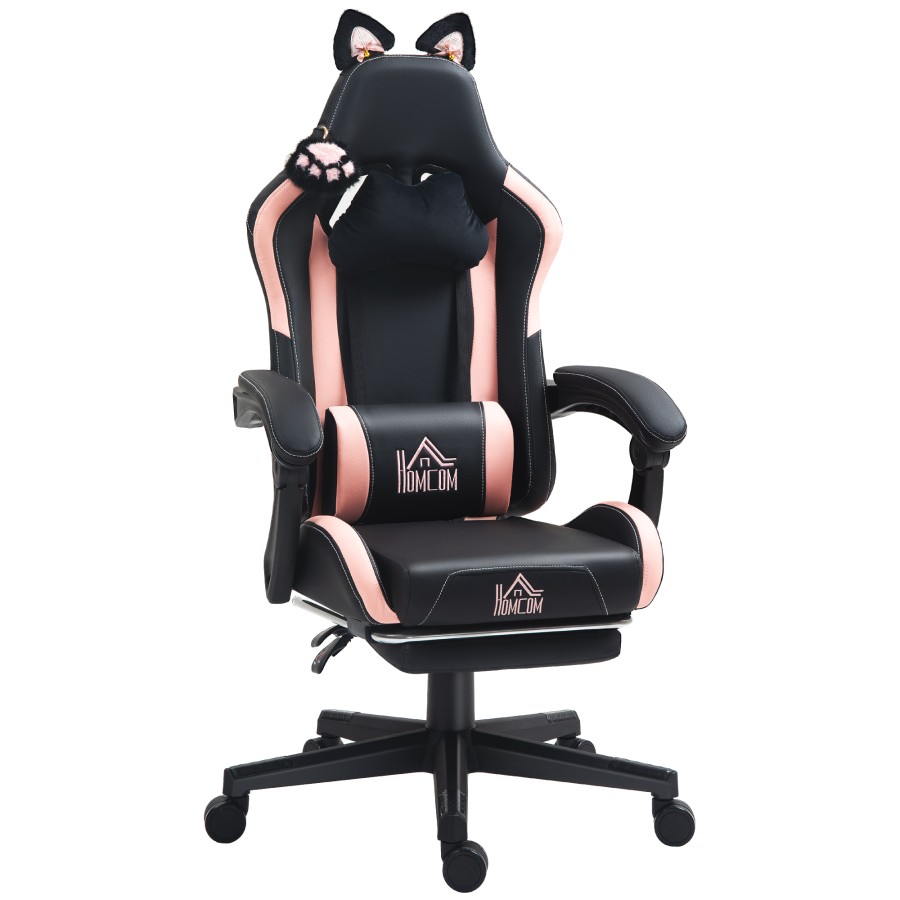 Click to view product details and reviews for Homcom Gaming Chair For Adults With Cat Ears Faux Leather Reclining Computer Chair With Footrest Lumbar Support And Headrest Height Adjustable Swiv.