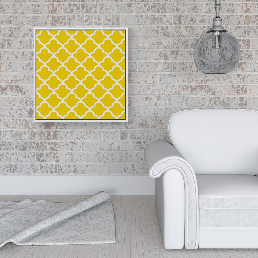 Click to view product details and reviews for Geometric Yellow Quatrefoil Wave Framed Canvas 16 X 16 White.