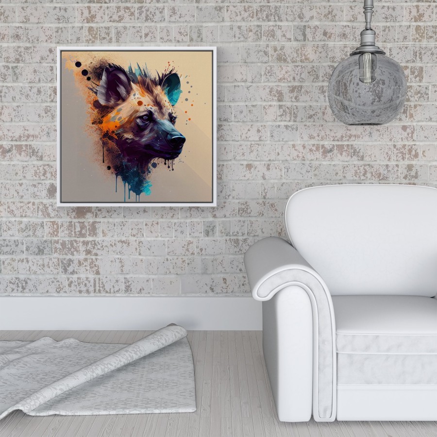 Click to view product details and reviews for Hyena Face Splashart Light Background Framed Canvas 16 X 16 White.