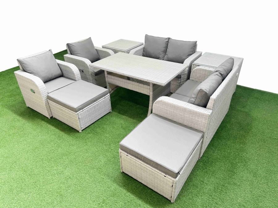 Click to view product details and reviews for Fimous 8 Seater Outdoor Reclining Chair Love Sofa Set Rattan Garden Furniture Set With Rectangular Dining Table 2 Big Footstools 2 Side Table Light G.