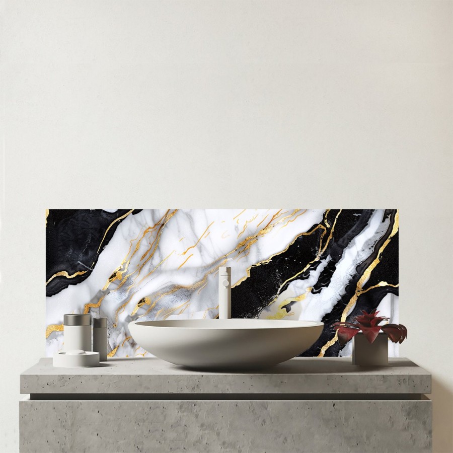Click to view product details and reviews for White And Gold Marble Effect Glass Bathroom Splashback.