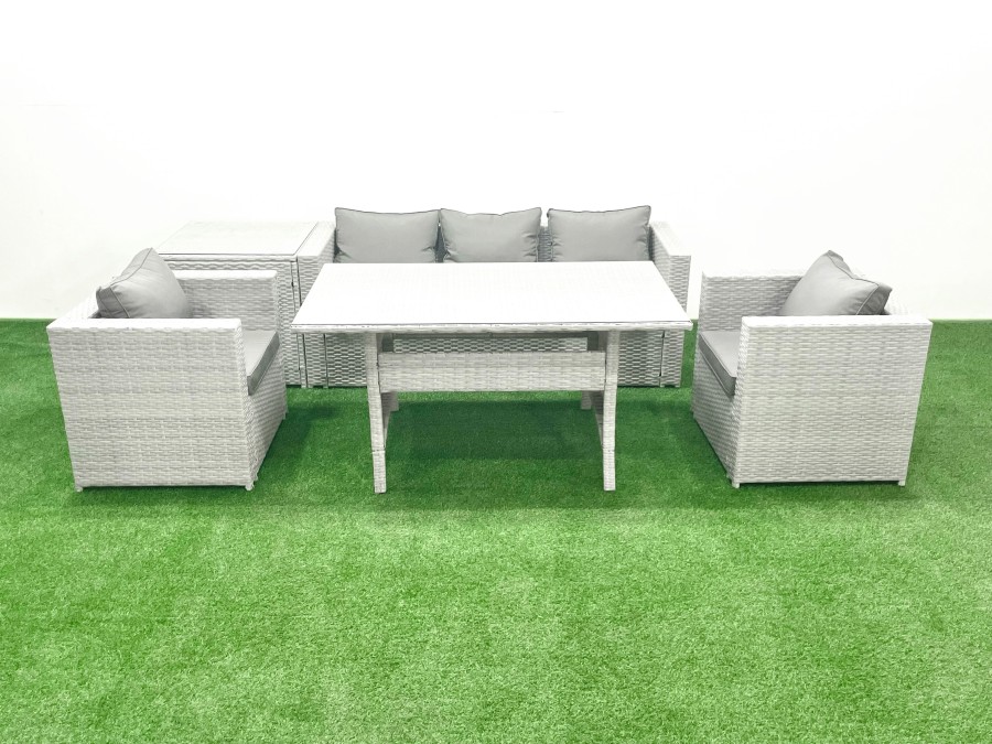 Click to view product details and reviews for Fimous Garden Dining Set Outdoor Rattan Furniture Set With Sofa Dining Table 2 Chairs Side Table Light Grey Mixed.