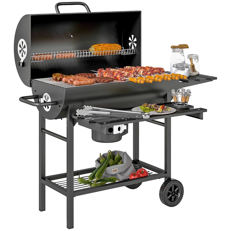 Click to view product details and reviews for Outsunny Charcoal Bbq Grill With Foldable Front Side Shelf Portable Barbecue Smoker With Warming Rack Bottom Shelf Lid Temperature Gauge Wheels F.