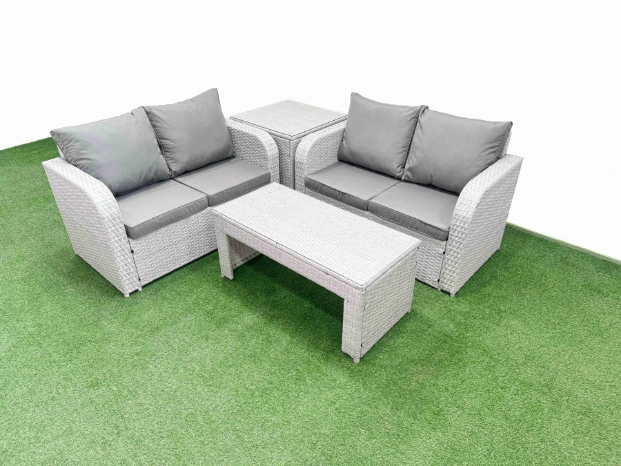 Click to view product details and reviews for Fimous 4 Seater Outdoor Love Sofa Set Rattan Garden Furniture Set With Oblong Coffee Table Side Table Light Grey.