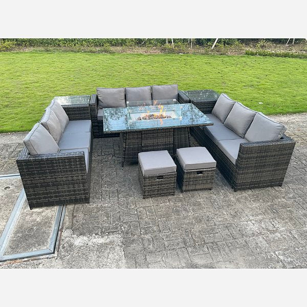 Click to view product details and reviews for Outdoor Rattan Garden Corner Furniture Gas Fire Pit Table Gas Heater Sets Side Tables Small Footstools Dark Grey 11 Seater.