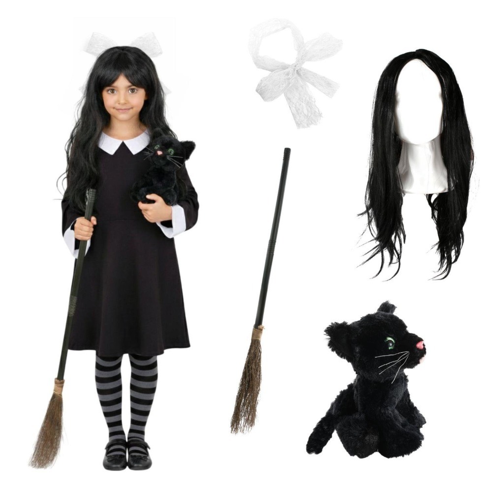 Click to view product details and reviews for Girls Hooky Witch Costume 5 Pcs Collared Dress Broom Cat Toy Wig Hair Bow Large.