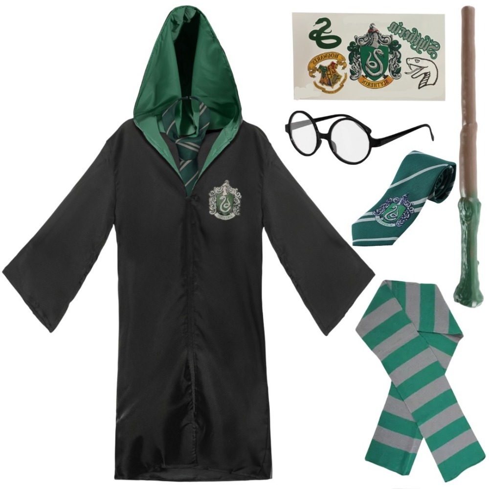 Click to view product details and reviews for Adults Harry Potter Costume 6 Pcs Slytherin Cloak Tie Tattoos Wand Glasses Scarf Large.