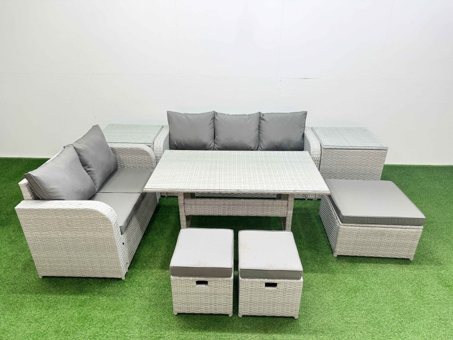 Click to view product details and reviews for Fimous 8 Seater Pe Rattan Wicker Garden Furniture Patio Conservatory Sofa Set With Rectangular Dining Table 3 Seater Sofa Love Sofa 3 Stool 2 Side Tab.