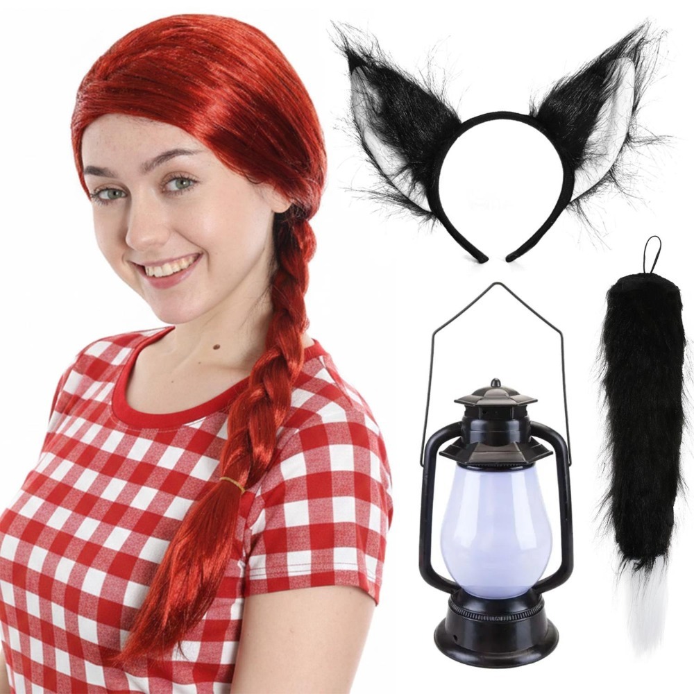Click to view product details and reviews for Adults Rebel Girl Costume Set 4 Pcs Plait Wig Cat Ears Thick Tail Lantern.