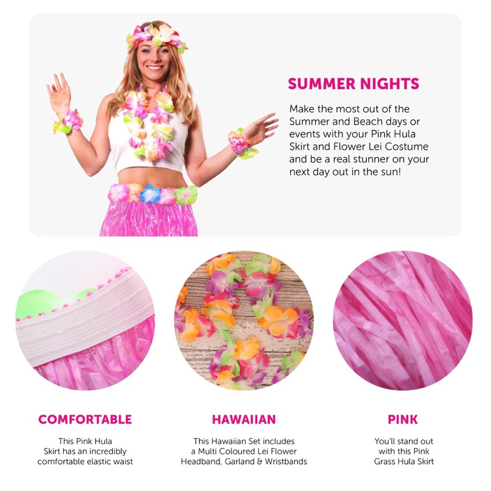 40cm Hawaiian Short Pink Hula Skirt & Lei