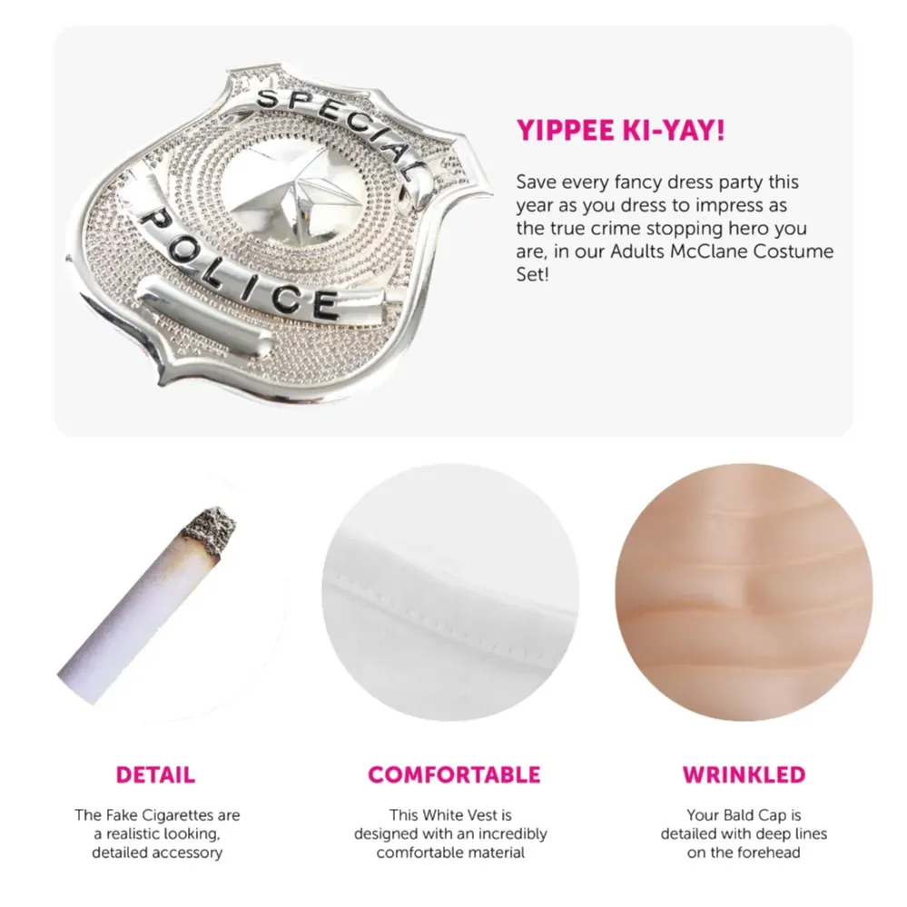 Adults John McClane Costume | 6 Pcs | White Vest, Bald Cap, Badge, Fake Cigarettes, Inflatable Gun & Fake Blood