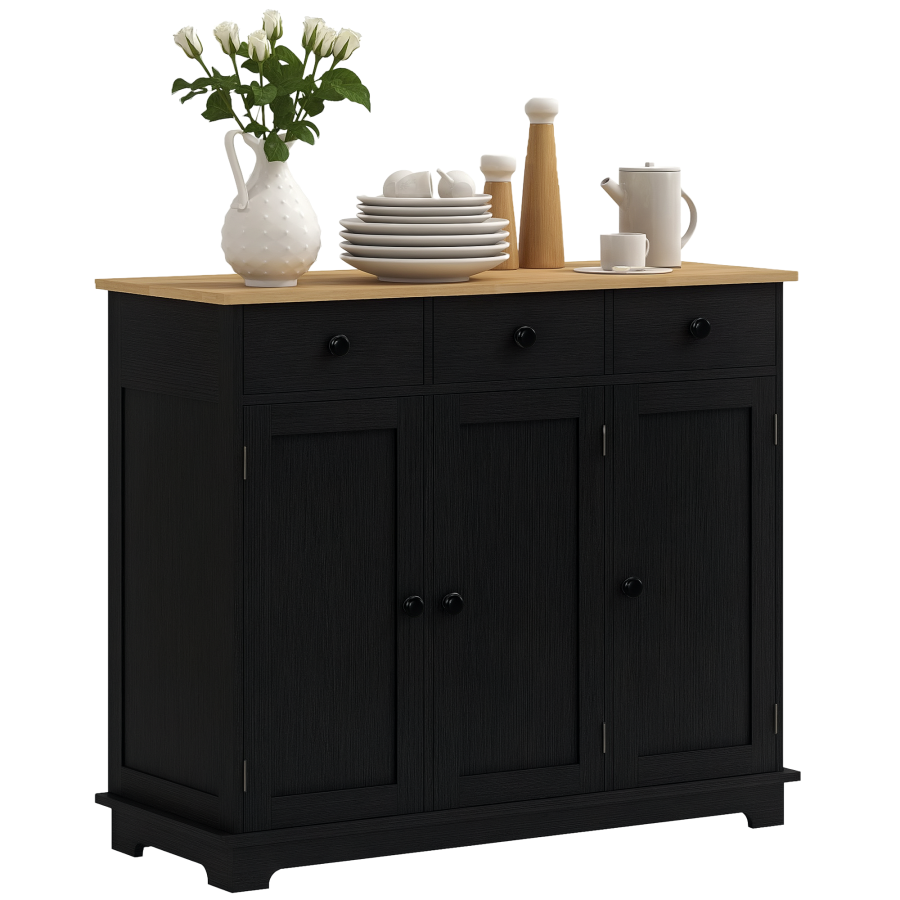 Click to view product details and reviews for Homcom Modern Sideboard With Rubberwood Top Buffet Cabinet With Storage Cabinets Drawers And Adjustable Shelves For Dining Room Kitchen Black Wood.