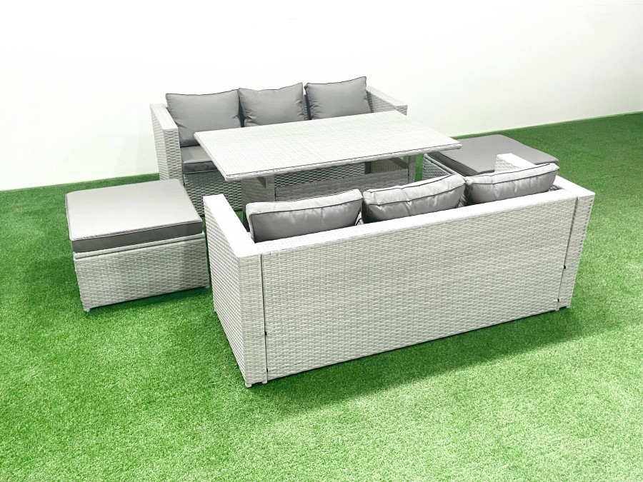 Click to view product details and reviews for Fimous Rattan Garden Furniture Set 8 Seater Outdoor Sofa Set With Dining Table 2 Big Footstools Light Grey Mixed.