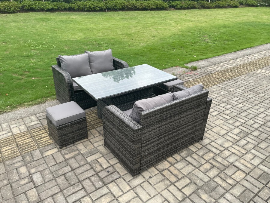 Click to view product details and reviews for Fimous Outdoor Rattan Furniture Garden Dining Set Height Adjustable Rising Lifting Table Love Sofa Set With 2 Small Footstools Dark Grey Mixed.