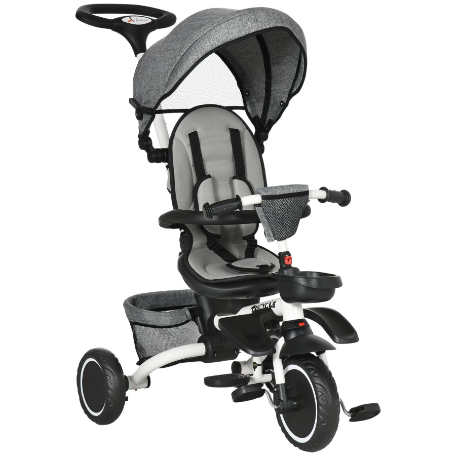 HOMCOM 6 in 1 Kids Trike with Parent Handle Foldable Tricycle for 1-4 Years Grey
