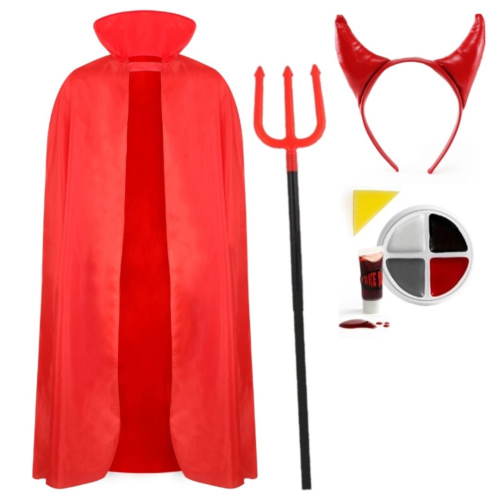 Click to view product details and reviews for Adults Red Devil Costume 4 Pcs Cape Headband Fork Face Paint.