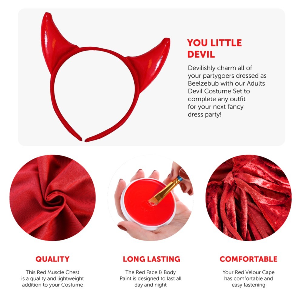 Mens Devil Costume Set | 5 Pcs | Red Horns, Cape, Muscle Chest, Spiv Moustache & Face Paint