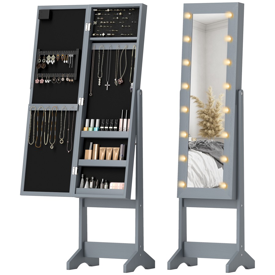 Click to view product details and reviews for Homcom Freestanding Mirror Jewelry Cabinet With Led Lights Jewellery Organiser With 3 Angle Adjustable Full Length Mirror With Storage For Earrings.