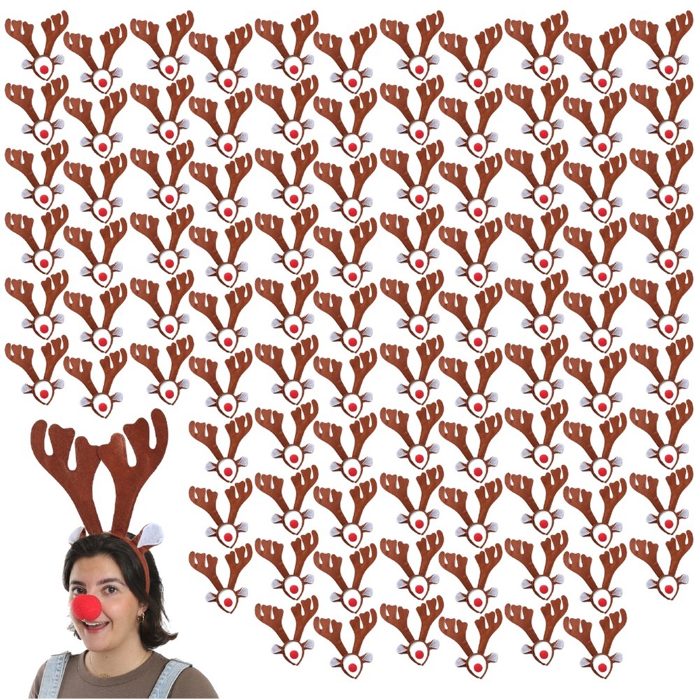 WHOLESALE Reindeer Antlers Headband with Red Nose (Pack of 96)