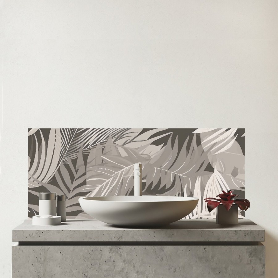 Click to view product details and reviews for Grey Brown Tropical Leaves Glass Bathroom Splashback.