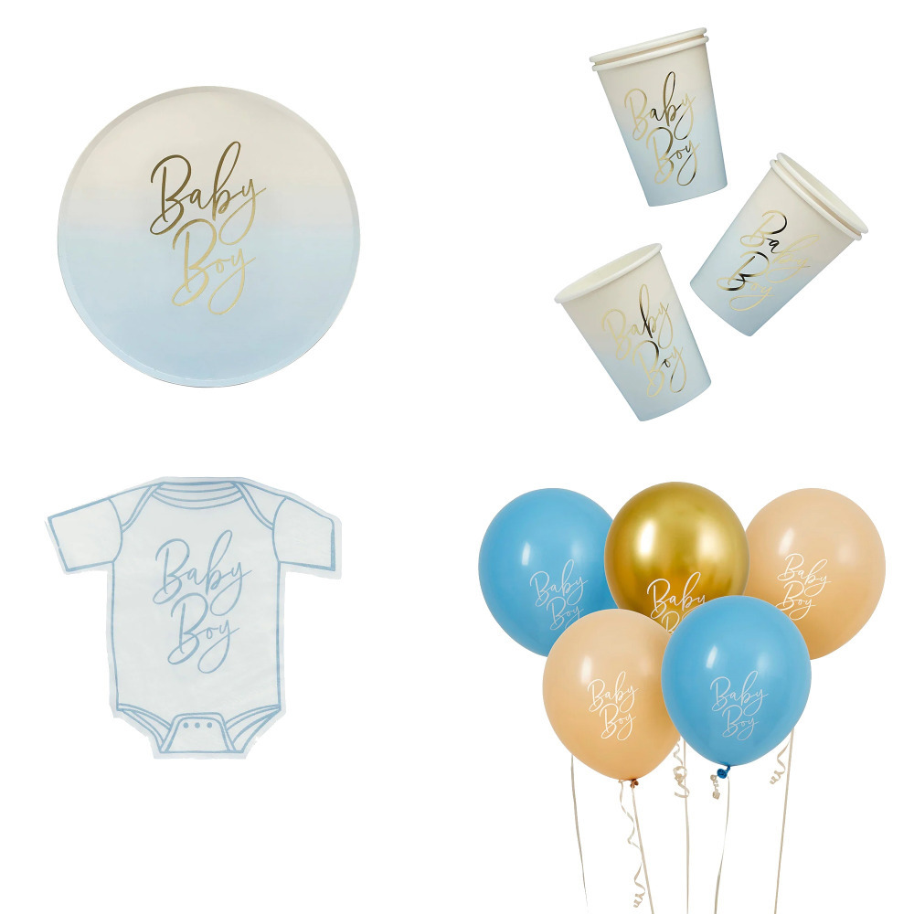 Baby Shower Party Table Decorations Tableware New Baby Boy Cups, Plates, Napkins & Balloons