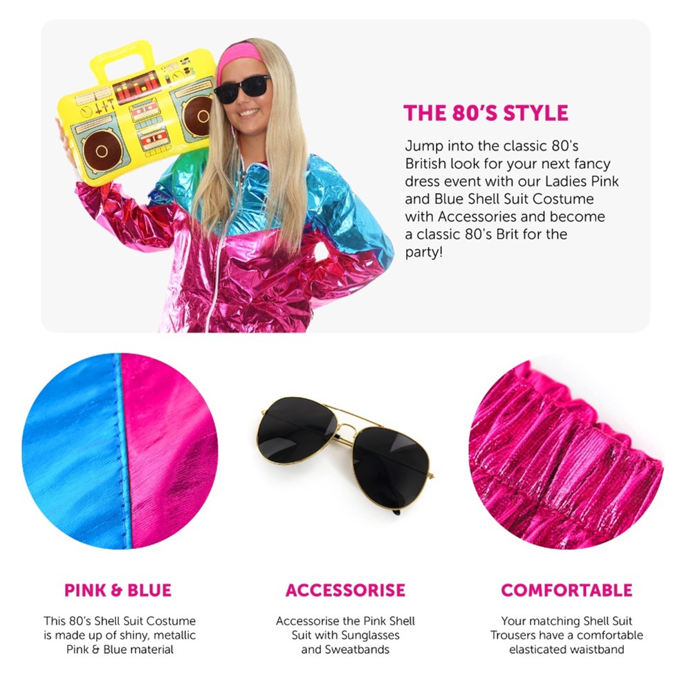 Ladies Pink & Blue Shell Suit Costume with Accessories