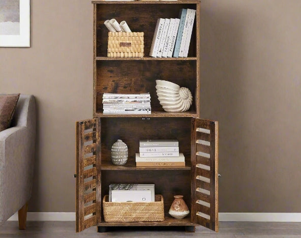 Click to view product details and reviews for Rustic Brown Floor Standing Cabinet With Louvered Doors Adjustable Shelf.