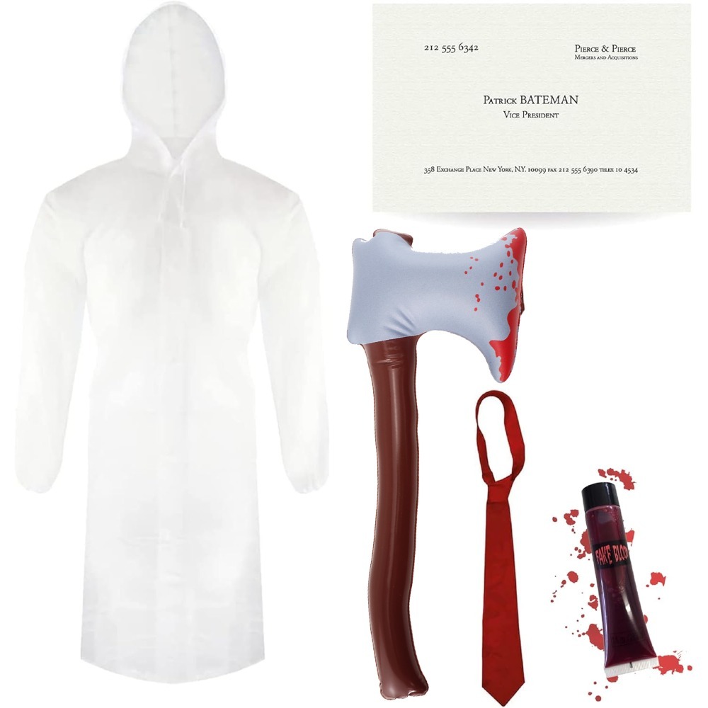 Adults Patrick Bateman Costume | 5 Pcs | Clear Jacket, Inflatable Axe, Red Tie, Blood & Business Card