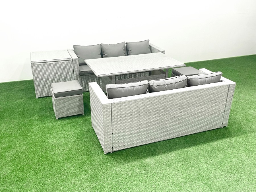 Click to view product details and reviews for Fimous Rattan Garden Furniture Set 8 Seater Outdoor Sofa Set With Dining Table Side Table 2 Small Footstools Light Grey Mixed.