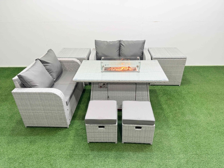 Click to view product details and reviews for Fimous 6 Seater Outdoor Love Sofa Set Rattan Garden Furniture Set With Firepit Dining Table 2 Small Stools 2 Side Tables Light Grey.