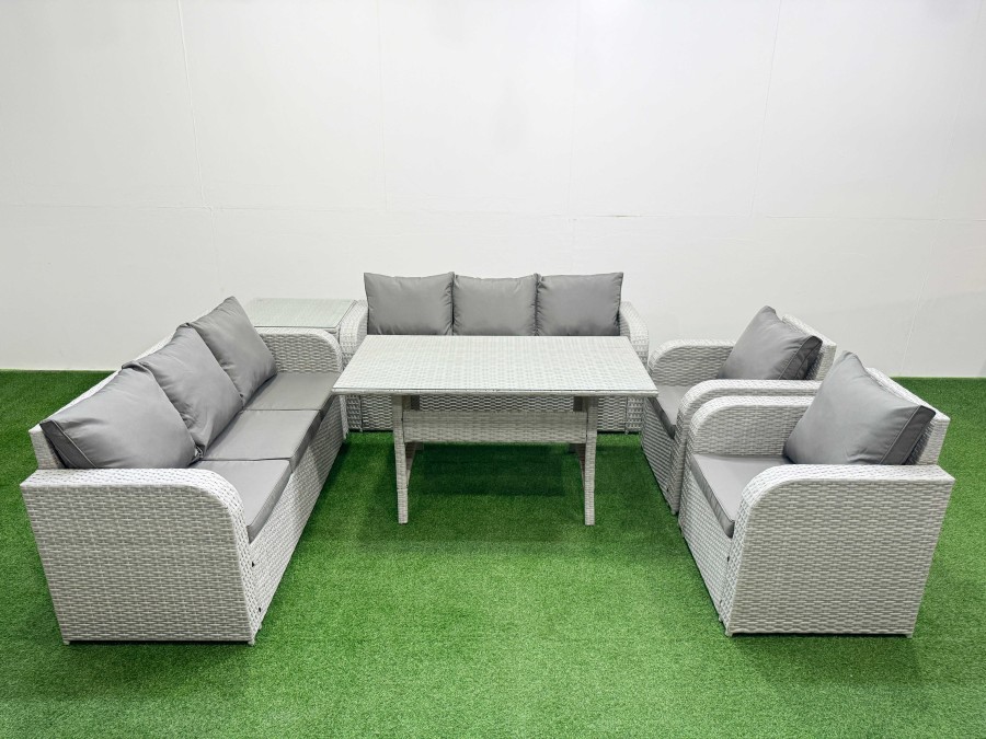 Click to view product details and reviews for Fimous Pe Rattan High Back Lounge Sofa Set Patio Rectangular Dining Table Chairs Set With 3 Seater Sofa Reclining Chair Side Table Light Grey.