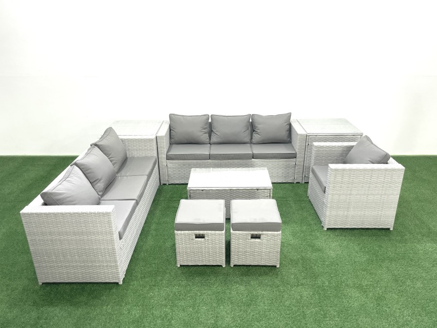 Click to view product details and reviews for Fimous Wicker Pe Rattan Sofa Garden Furniture Set With Armchair Oblong Coffee Table 2 Small Footstools 2 Side Tables Light Grey Mixed.