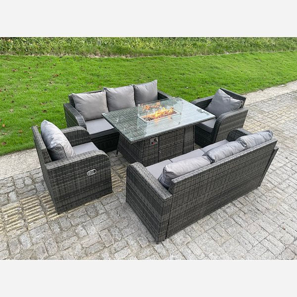 Click to view product details and reviews for Rattan Outdoor Furniture Gas Fire Pit Rectangle Dining Table Gas Heater Reclining Chair 3 Seater Sofa Sets 8 Seater.