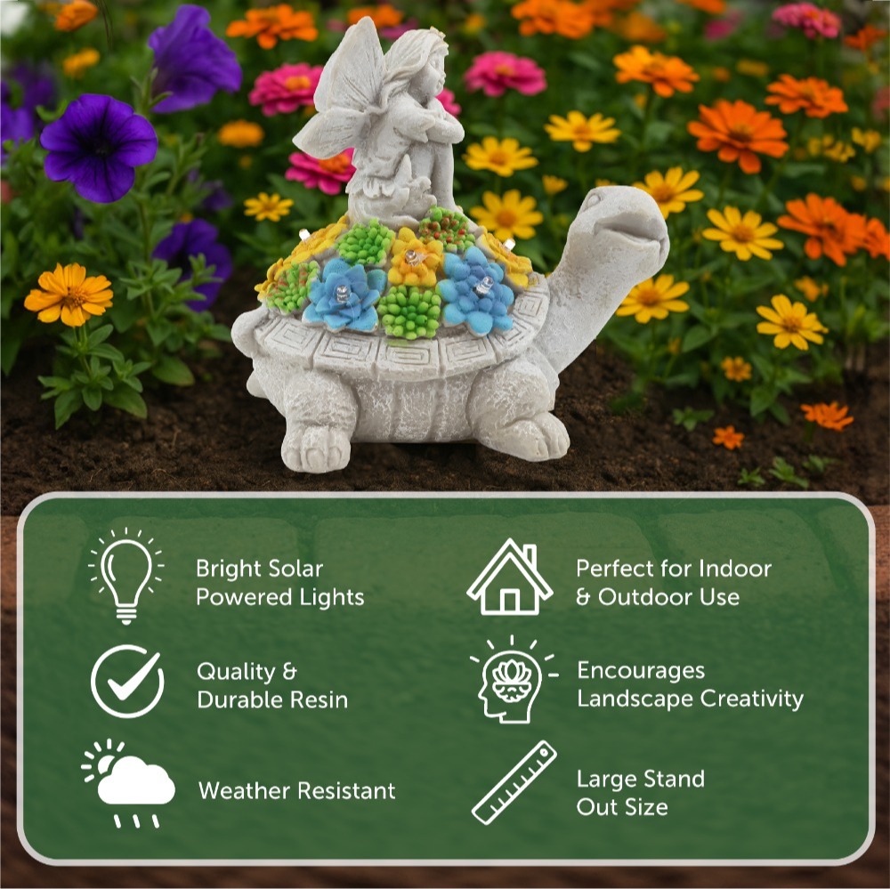 Solar Tortoise & Fairy Garden Statue with Succulents & LED Lights (20cm)