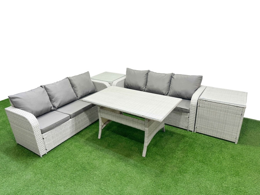 Click to view product details and reviews for Fimous Outdoor Garden Furniture Sets 6 Seater Wicker Rattan Furniture Sofa Sets With Rectangular Dining Table High Back Lounge Sofa 2 Side Table Light.