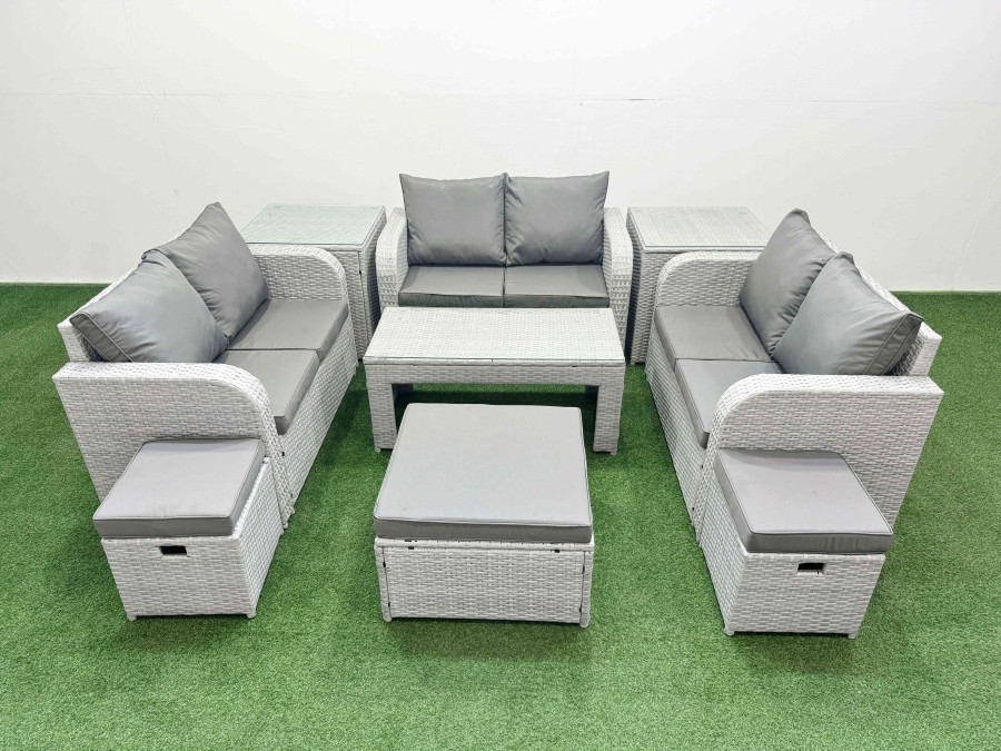 Click to view product details and reviews for Fimous 9 Seater Pe Wicker Rattan Furniture Sofa Sets With Oblong Coffee Table 2 Seater Love Sofa 3 Stool 2 Side Table Light Grey.