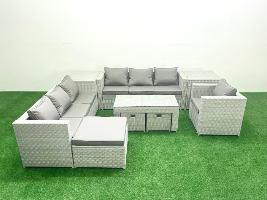 Click to view product details and reviews for Fimous Wicker Pe Rattan Sofa Garden Furniture Set With Oblong Coffee Table Armchair 3 Footstools 2 Side Tables Light Grey Mixed.