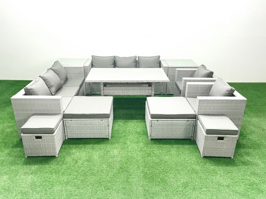 Click to view product details and reviews for Fimous Rattan Garden Furniture Dining Set 12 Seater Lounge Sofa Chair Dining Table Set With 4 Footstools 2 Side Tables Light Grey Mixed.