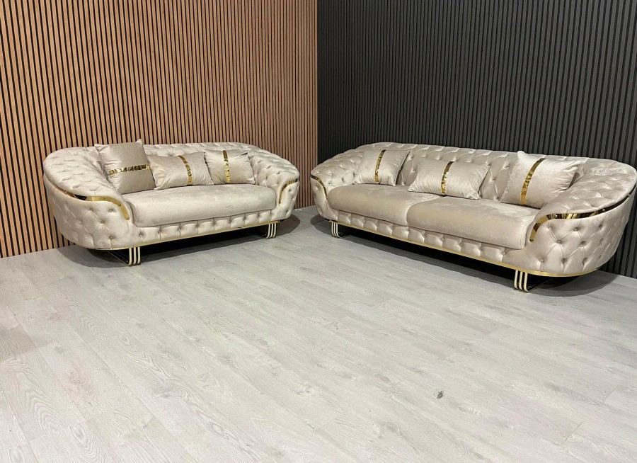 Kingston 3+2 Champagne Velvet Sofa Set with Gold Detailing – Luxury Modern Sofa