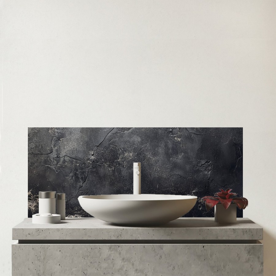Click to view product details and reviews for Dark Concrete Effect Glass Bathroom Splashback.