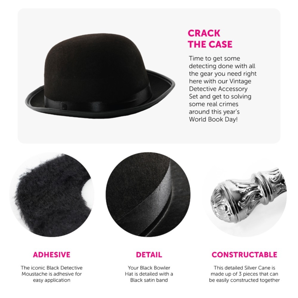 Detective Accessory Set | 4 Pcs | Hat, Tash, Gloves & Cane