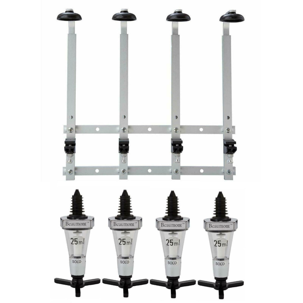 Beaumont 4x 25ml Chrome Solo Bar Optic Spirit Measure & 70cl/1L Wall Brackets