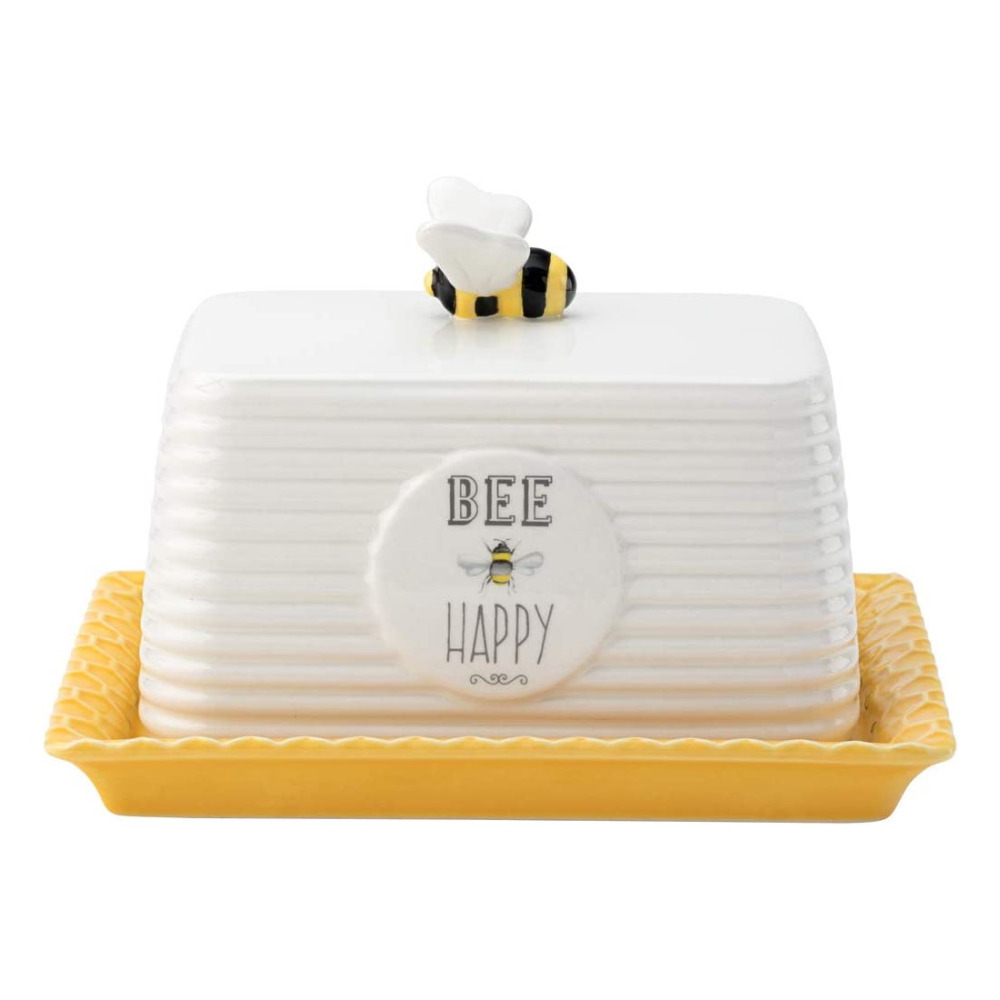 Bee Happy Butter Dish Ceramic Yellow & White Beehive Shape Kitchen Decor Gift