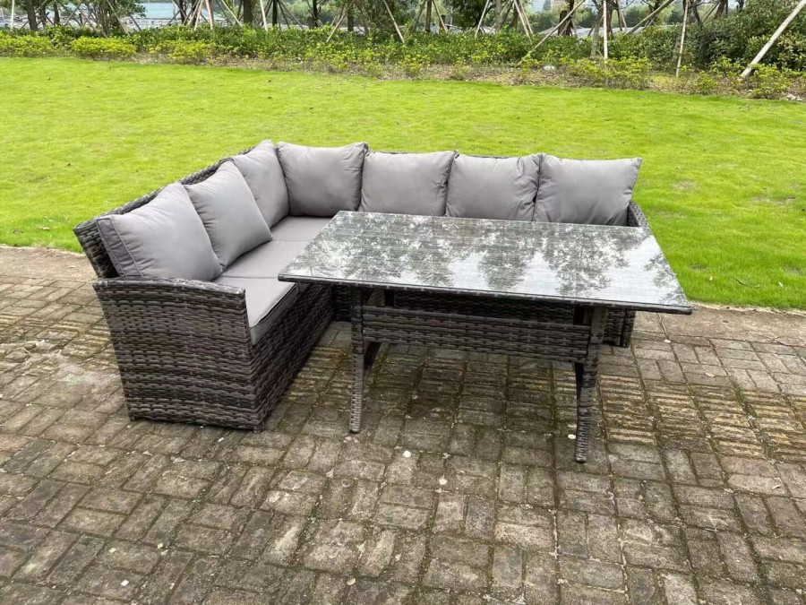 Fimous High Back Dark Mixed Grey Rattan Corner Sofa Set Outdoor Furniture Rectangular Dining Table 6 Seater