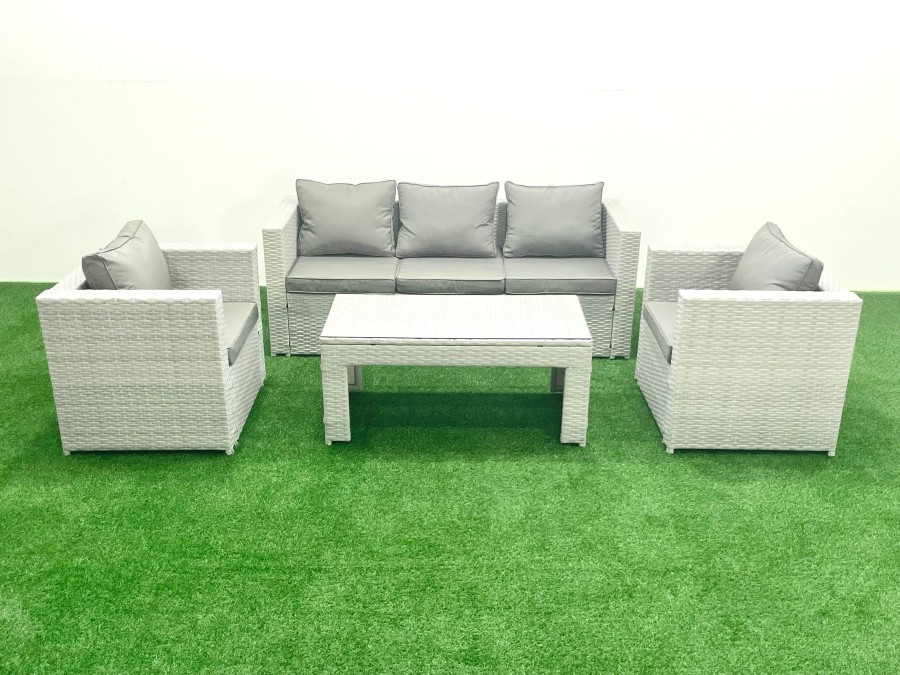 Click to view product details and reviews for Fimous Rattan Garden Furniture Set 4 Pieces Outdoor Garden Sofa Oblong Coffee Table Set With 2 Chairs Light Grey Mixed.